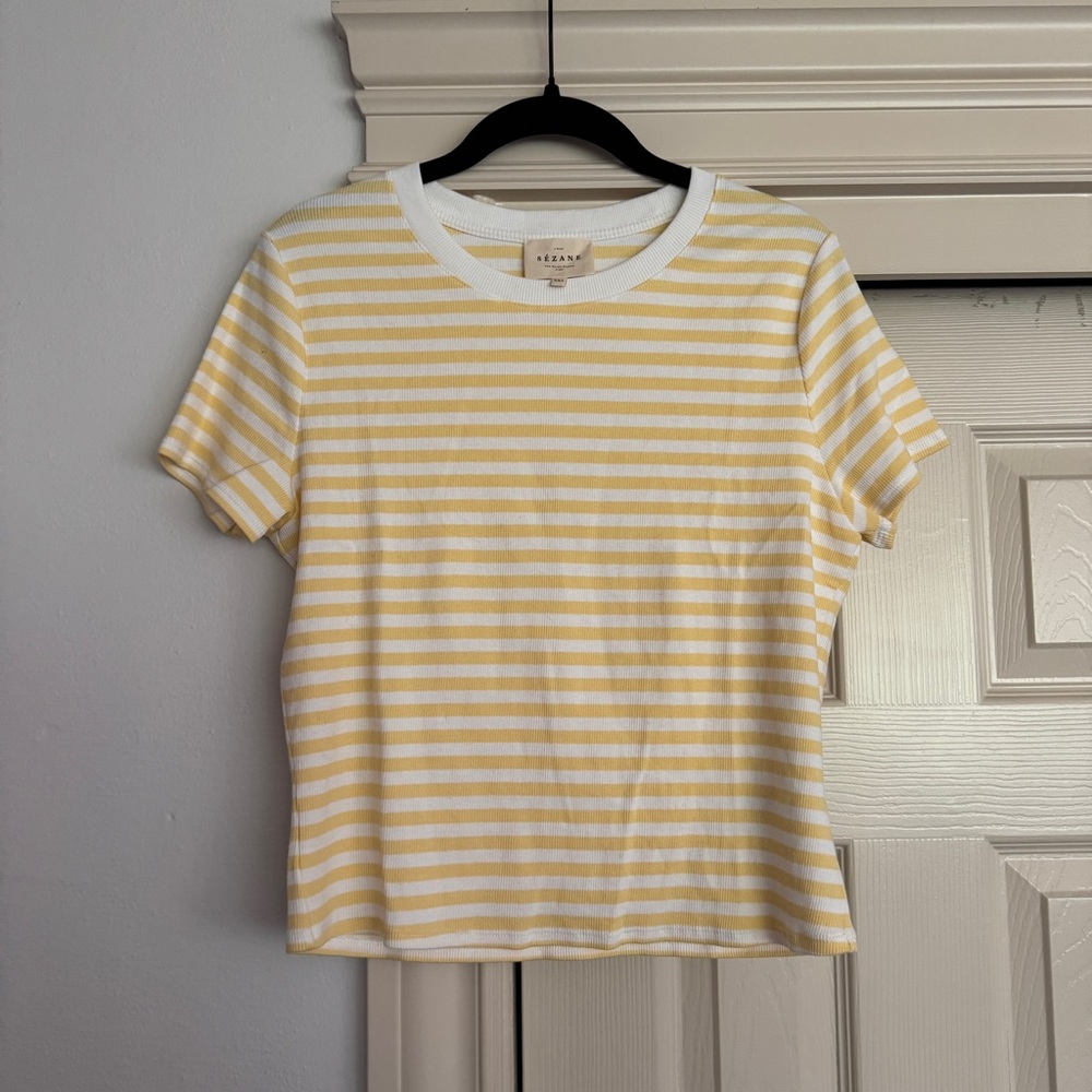 Sezane Yellow and White Striped Cotton Tee